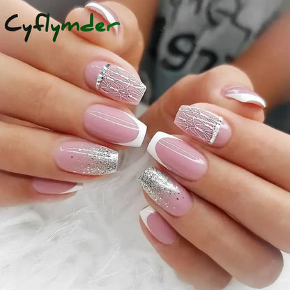 Cyflymder 24Pcs Press On Nails Simple French Colorful Wavy Abstract Line Fake Nails Full Cover Nail Art Tips Coffin Square Head False Nail
