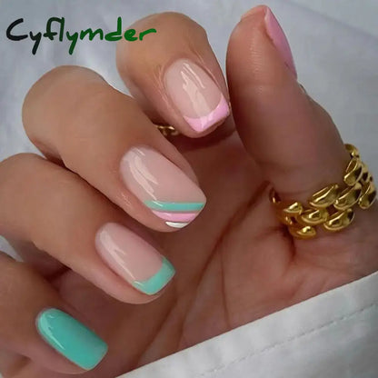 Cyflymder 24Pcs Press On Nails Simple French Colorful Wavy Abstract Line Fake Nails Full Cover Nail Art Tips Coffin Square Head False Nail