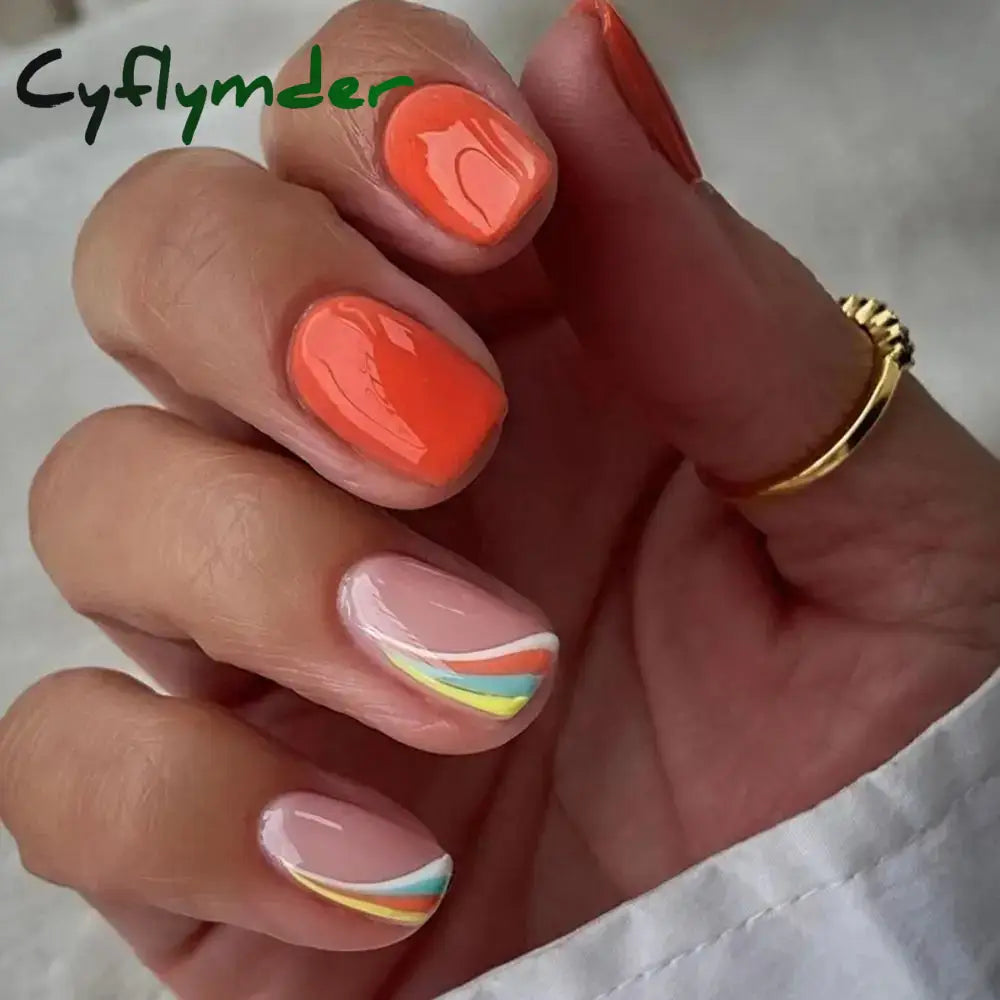 Cyflymder 24Pcs Press On Nails Simple French Colorful Wavy Abstract Line Fake Nails Full Cover Nail Art Tips Coffin Square Head False Nail