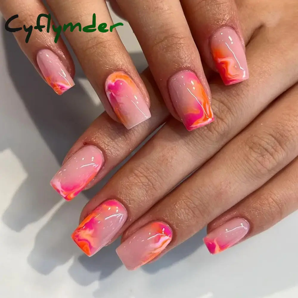 Cyflymder 24Pcs Press On Nails Simple French Colorful Wavy Abstract Line Fake Nails Full Cover Nail Art Tips Coffin Square Head False Nail