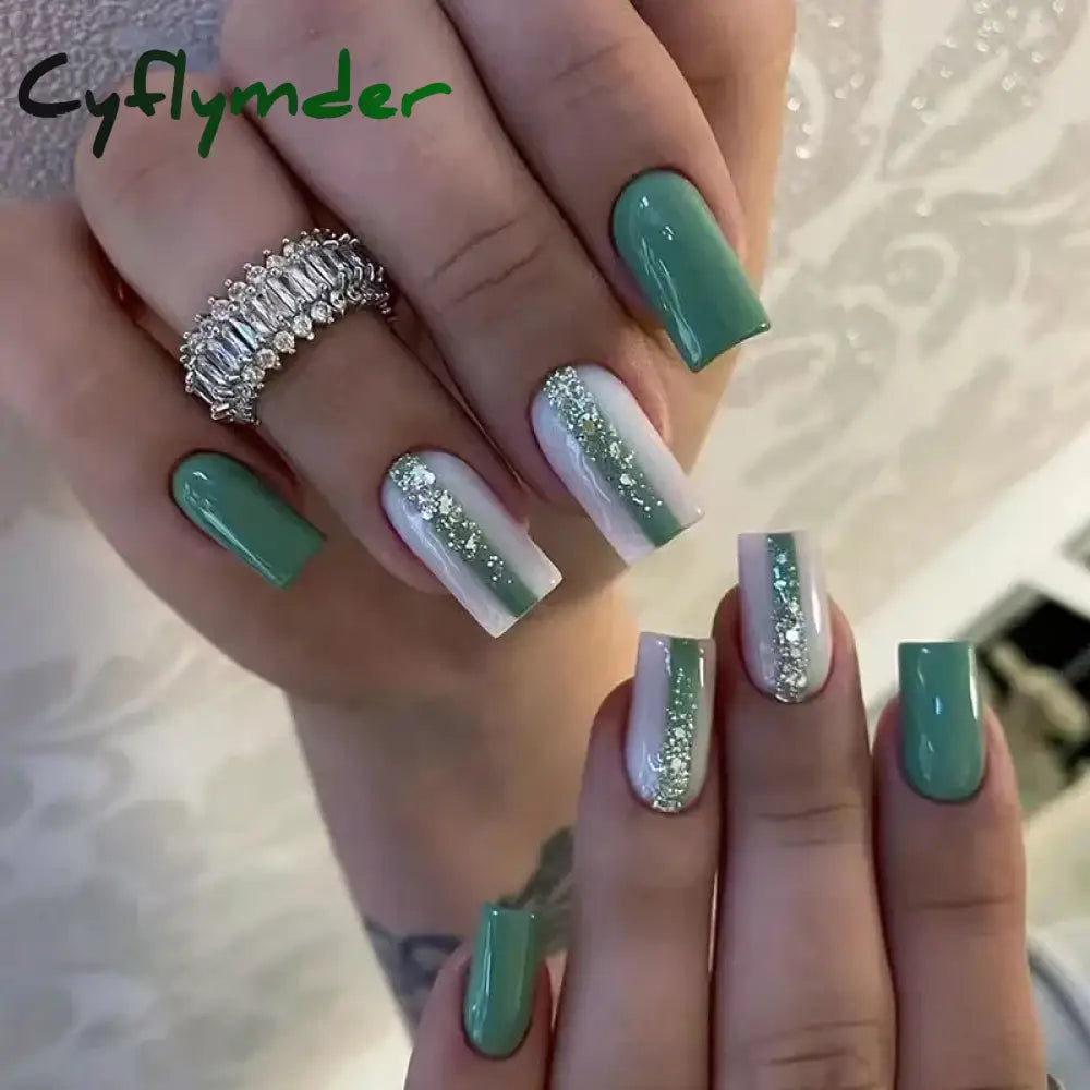 Cyflymder 24Pcs Press On Nails Simple French Colorful Wavy Abstract Line Fake Nails Full Cover Nail Art Tips Coffin Square Head False Nail