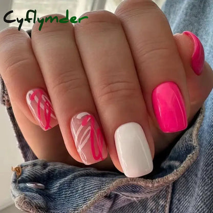 Cyflymder 24Pcs Press On Nails Simple French Colorful Wavy Abstract Line Fake Nails Full Cover Nail Art Tips Coffin Square Head False Nail