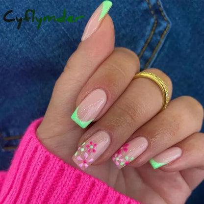 Cyflymder 24Pcs Press On Nails Simple French Colorful Wavy Abstract Line Fake Nails Full Cover Nail Art Tips Coffin Square Head False Nail