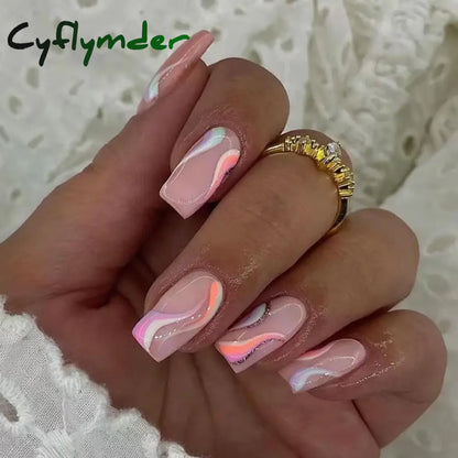 Cyflymder 24Pcs Press On Nails Simple French Colorful Wavy Abstract Line Fake Nails Full Cover Nail Art Tips Coffin Square Head False Nail