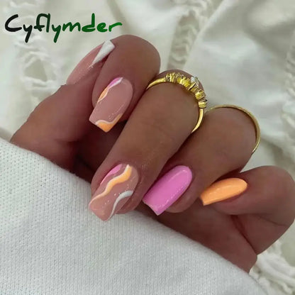 Cyflymder 24Pcs Press On Nails Simple French Colorful Wavy Abstract Line Fake Nails Full Cover Nail Art Tips Coffin Square Head False Nail