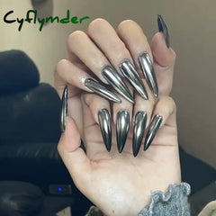 Cyflymder 24pcs Punk Metal Fake Nails Press On Finished Long Pointed Silver Mirror y2k Nail Tips Full Cover Stiletto False Nails For Girl