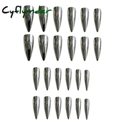 Cyflymder 24pcs Punk Metal Fake Nails Press On Finished Long Pointed Silver Mirror y2k Nail Tips Full Cover Stiletto False Nails For Girl