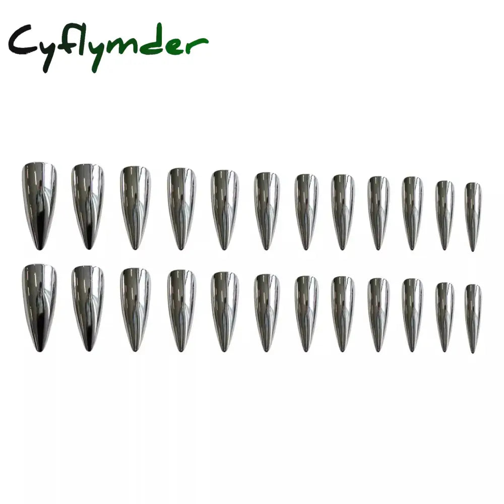 Cyflymder 24pcs Punk Metal Fake Nails Press On Finished Long Pointed Silver Mirror y2k Nail Tips Full Cover Stiletto False Nails For Girl