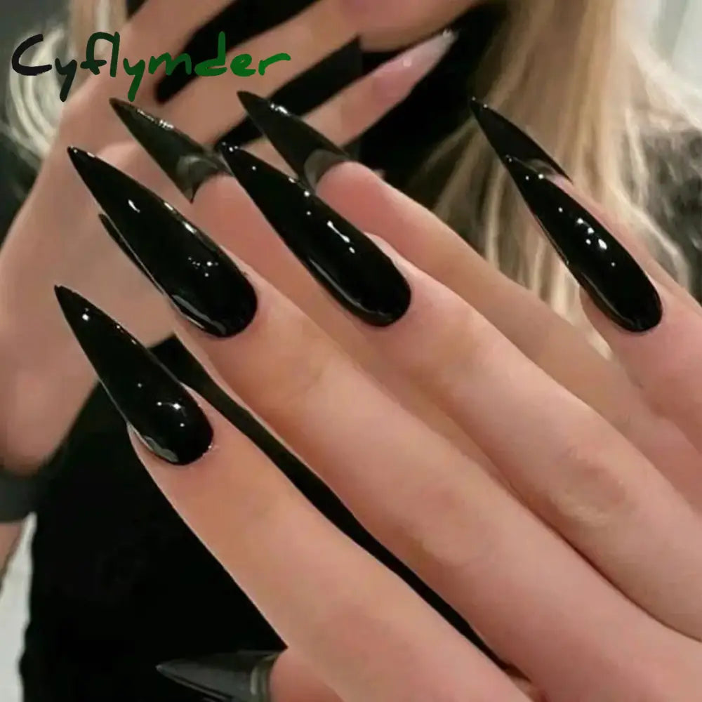 Cyflymder 24pcs Punk Metal Fake Nails Press On Finished Long Pointed Silver Mirror y2k Nail Tips Full Cover Stiletto False Nails For Girl
