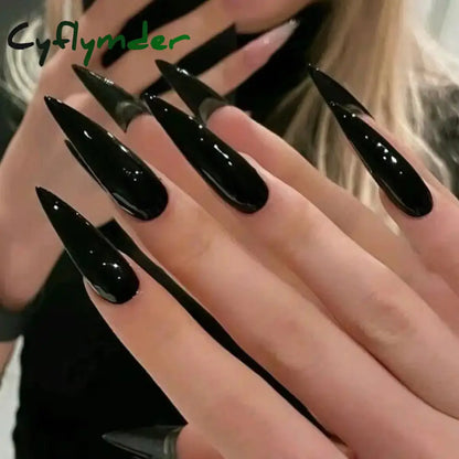 Cyflymder 24pcs Punk Metal Fake Nails Press On Finished Long Pointed Silver Mirror y2k Nail Tips Full Cover Stiletto False Nails For Girl