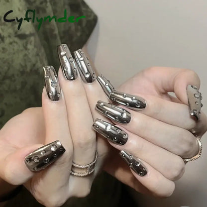 Cyflymder 24pcs Punk Metal Fake Nails Press On Finished Long Pointed Silver Mirror y2k Nail Tips Full Cover Stiletto False Nails For Girl