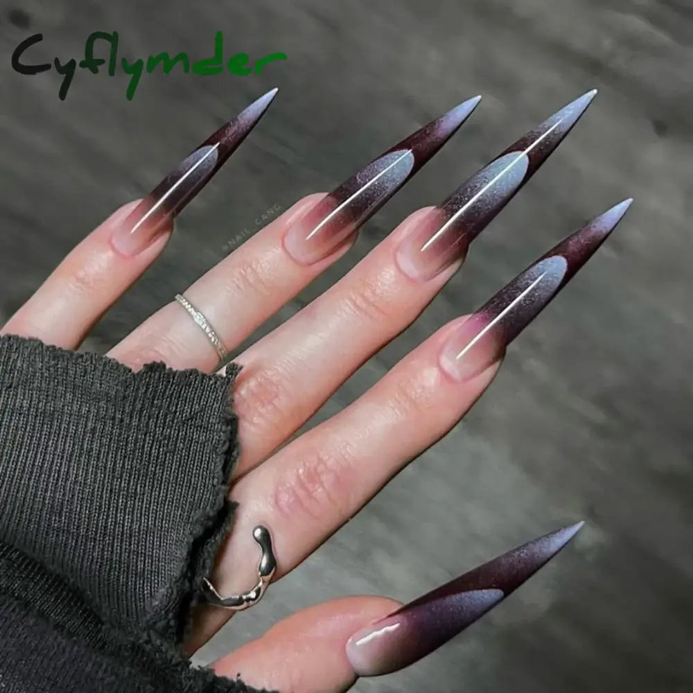 Cyflymder 24pcs Punk Metal Fake Nails Press On Finished Long Pointed Silver Mirror y2k Nail Tips Full Cover Stiletto False Nails For Girl