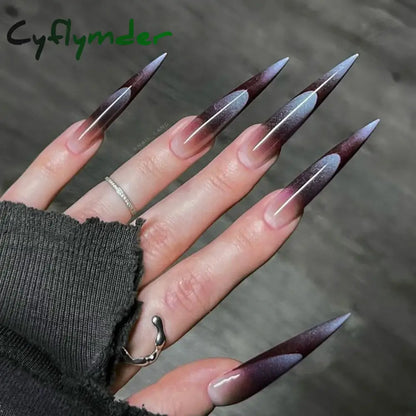 Cyflymder 24pcs Punk Metal Fake Nails Press On Finished Long Pointed Silver Mirror y2k Nail Tips Full Cover Stiletto False Nails For Girl