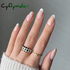 Cyflymder 24Pcs Removable Wearable False Nails Art Short Glitter French Gold Edge Fake Nails Waterproof Press on Nail Tips Nails Supplies