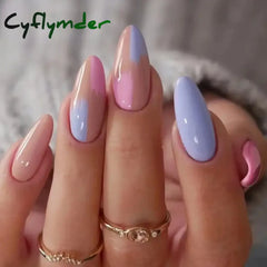 Cyflymder 24Pcs/Set Almond Fake Nails Art Blue Pink Patchwork Acrylic Coffin Press on Nails Full Coverage Long Ballet Wearable False Nails
