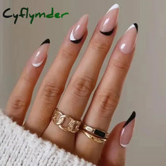 Cyflymder 24Pcs/Set Almond Fake Nails Art Blue Pink Patchwork Acrylic Coffin Press on Nails Full Coverage Long Ballet Wearable False Nails