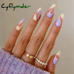 Cyflymder 24Pcs/Set Almond Fake Nails Art Blue Pink Patchwork Acrylic Coffin Press on Nails Full Coverage Long Ballet Wearable False Nails