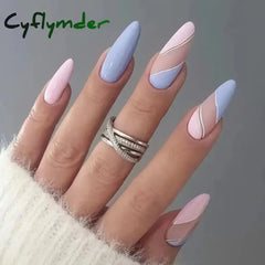 Cyflymder 24Pcs/Set Almond Fake Nails Art Blue Pink Patchwork Acrylic Coffin Press on Nails Full Coverage Long Ballet Wearable False Nails
