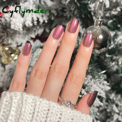 Cyflymder 24pcs/set Cat Eyes Fake Nails for Women Girls Red Brown Green Blue Grey Sparkling Short Tips Faux Ongles Press on False Nail