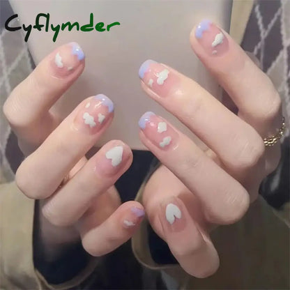 Cyflymder 24Pcs/Set Dry Rose Blush Artificial Wearing False Nails Removable French Press on Nails Full Coverage Handmade Fake Nail Art