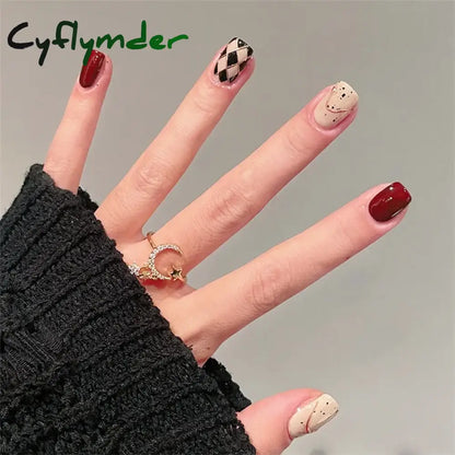Cyflymder 24Pcs/Set Dry Rose Blush Artificial Wearing False Nails Removable French Press on Nails Full Coverage Handmade Fake Nail Art