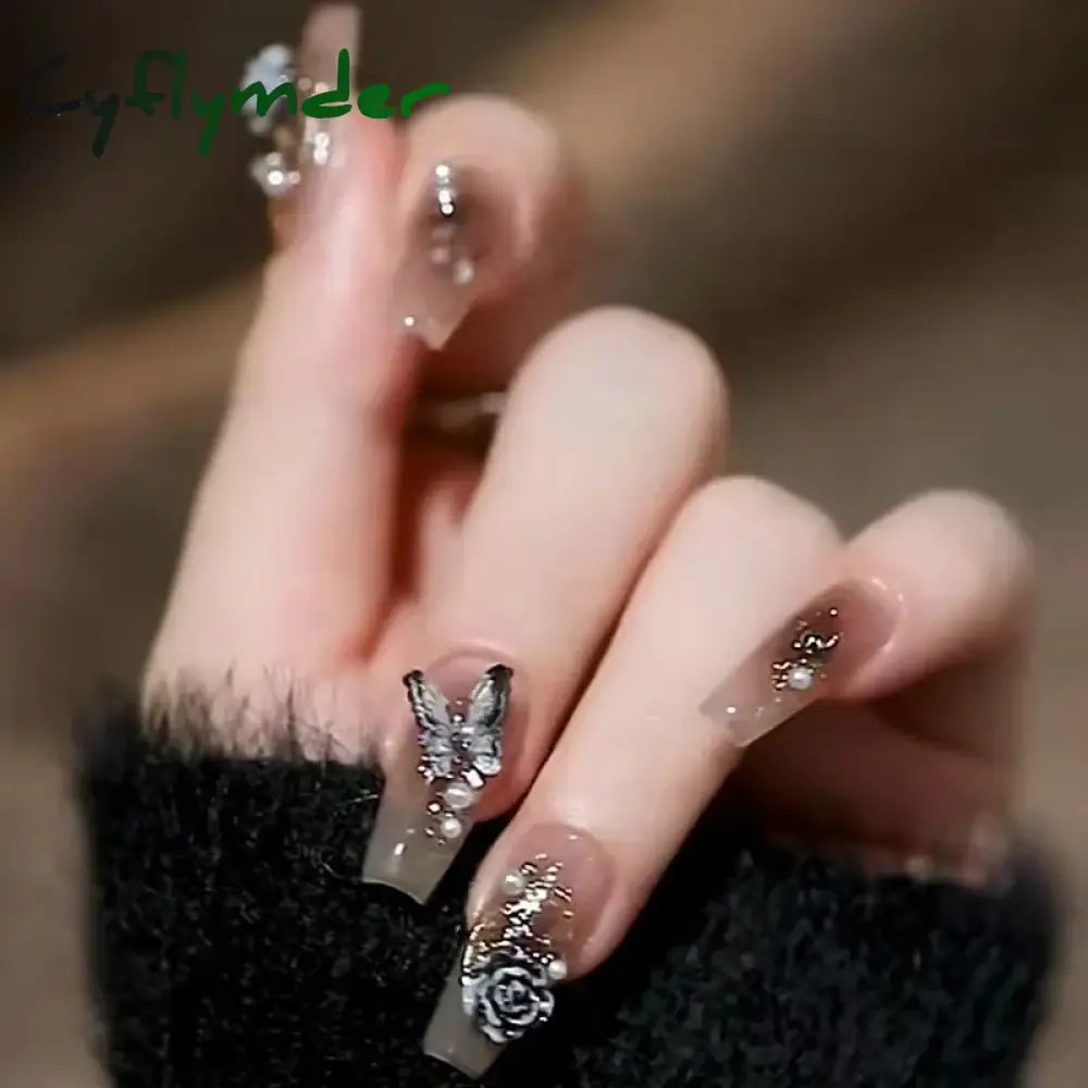 Cyflymder 24Pcs/Set Dry Rose Blush Artificial Wearing False Nails Removable French Press on Nails Full Coverage Handmade Fake Nail Art