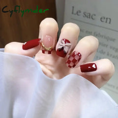 Cyflymder 24Pcs/Set Dry Rose Blush Artificial Wearing False Nails Removable French Press on Nails Full Coverage Handmade Fake Nail Art