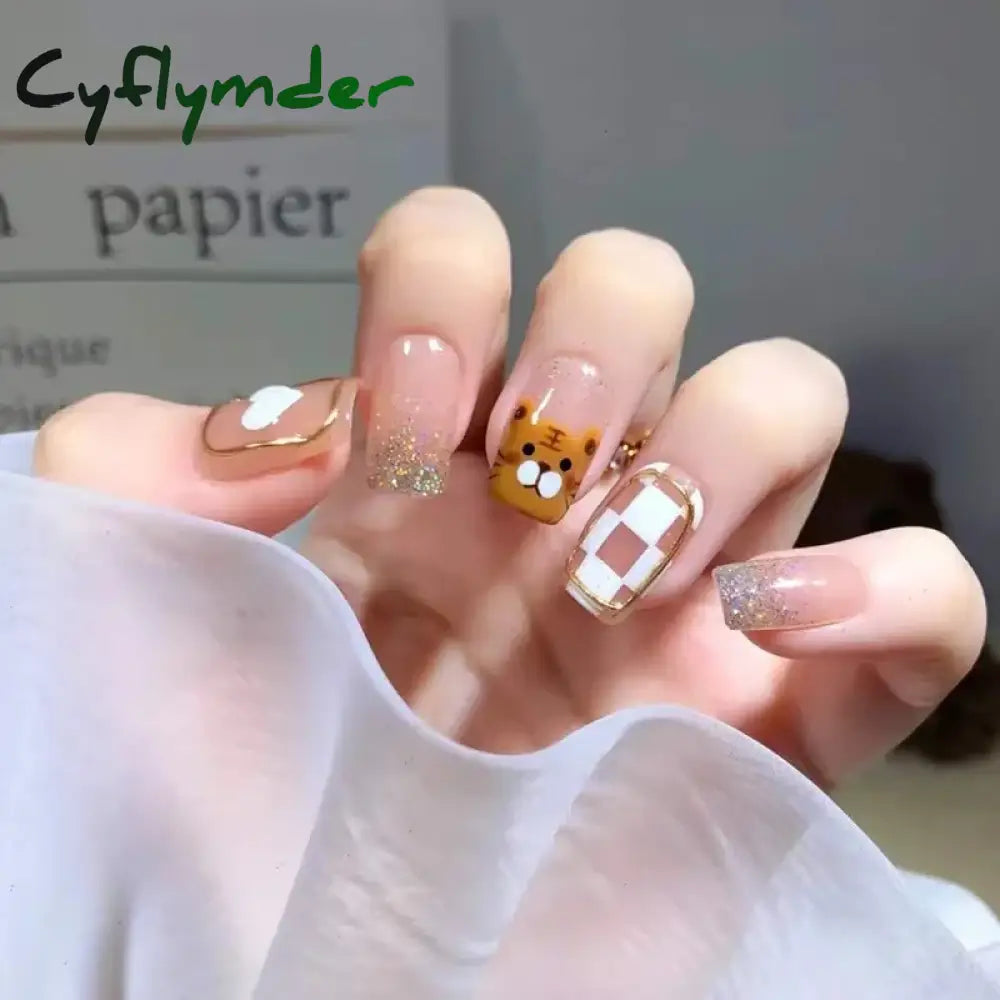 Cyflymder 24Pcs/Set Dry Rose Blush Artificial Wearing False Nails Removable French Press on Nails Full Coverage Handmade Fake Nail Art