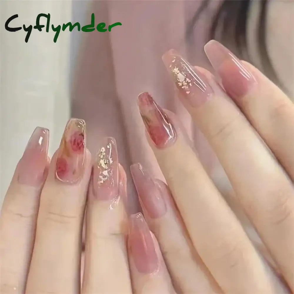 Cyflymder 24Pcs/Set Dry Rose Blush Artificial Wearing False Nails Removable French Press on Nails Full Coverage Handmade Fake Nail Art