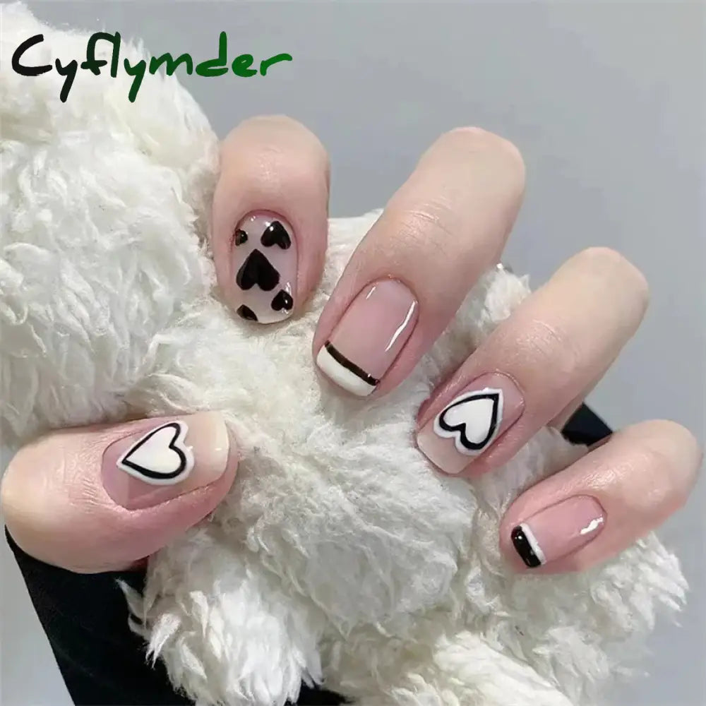 Cyflymder 24Pcs/Set Dry Rose Blush Artificial Wearing False Nails Removable French Press on Nails Full Coverage Handmade Fake Nail Art
