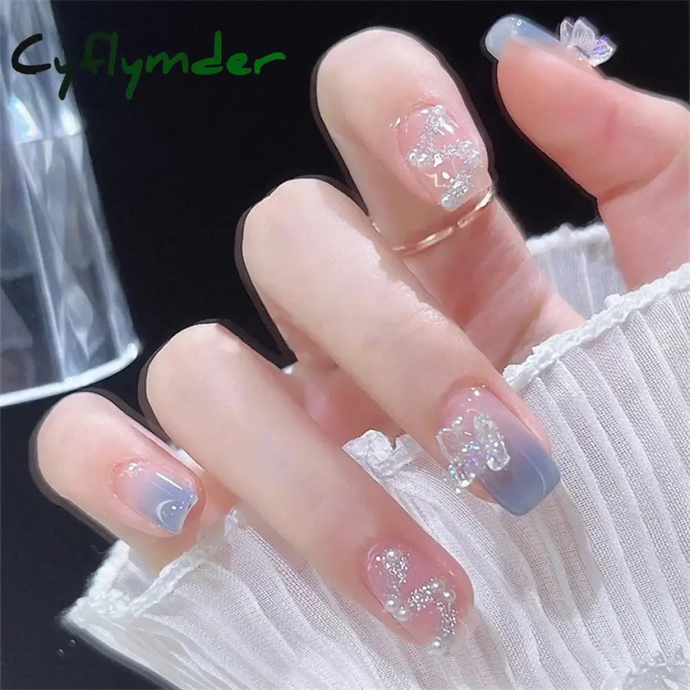 Cyflymder 24Pcs/Set Dry Rose Blush Artificial Wearing False Nails Removable French Press on Nails Full Coverage Handmade Fake Nail Art