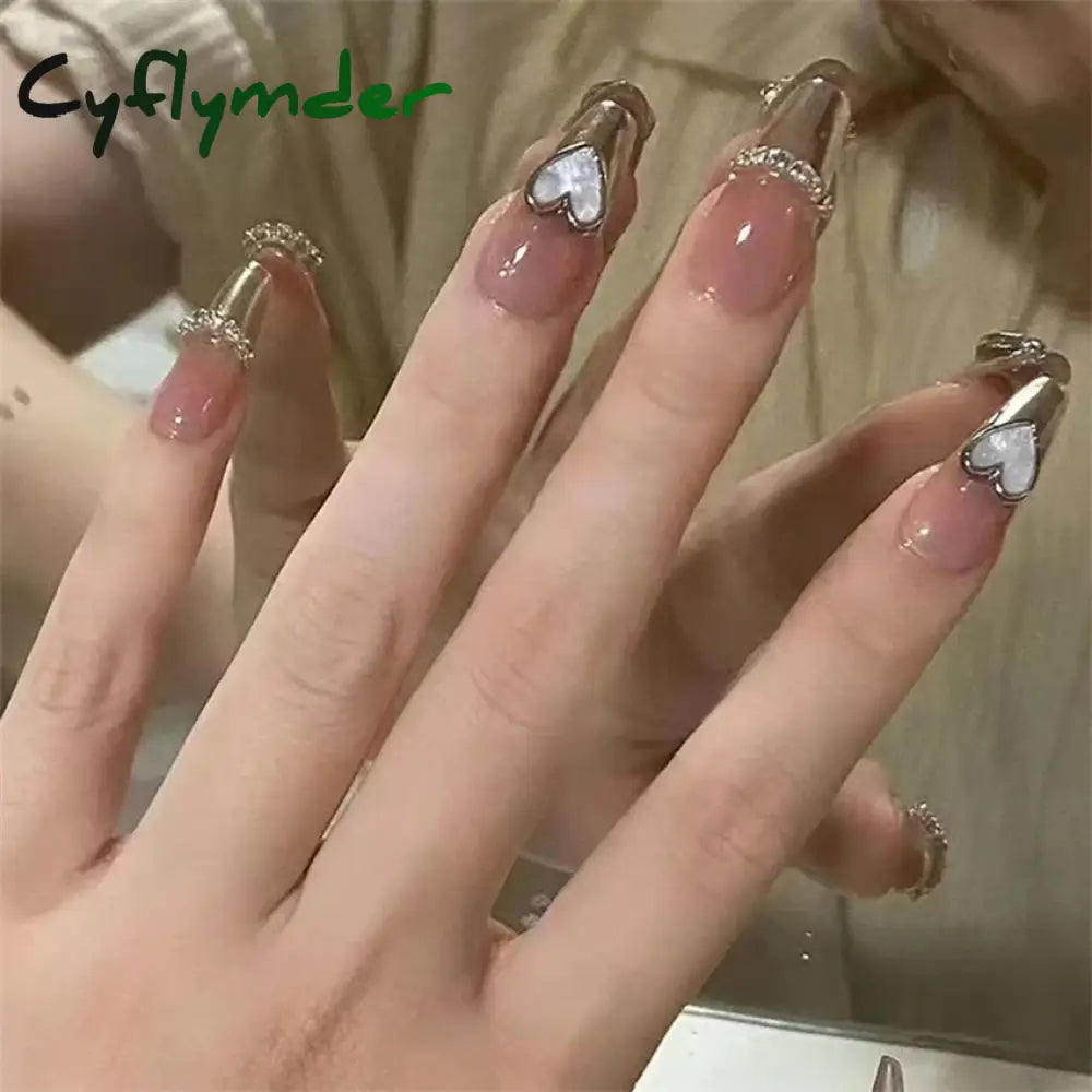 Cyflymder 24Pcs/Set Dry Rose Blush Artificial Wearing False Nails Removable French Press on Nails Full Coverage Handmade Fake Nail Art