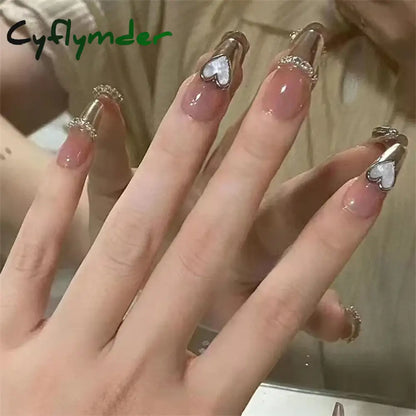 Cyflymder 24Pcs/Set Dry Rose Blush Artificial Wearing False Nails Removable French Press on Nails Full Coverage Handmade Fake Nail Art