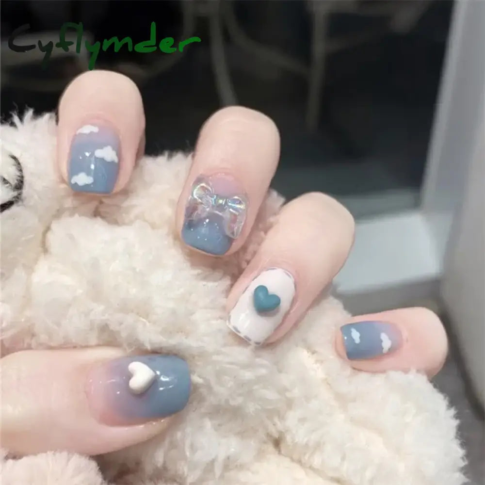 Cyflymder 24Pcs/Set Dry Rose Blush Artificial Wearing False Nails Removable French Press on Nails Full Coverage Handmade Fake Nail Art