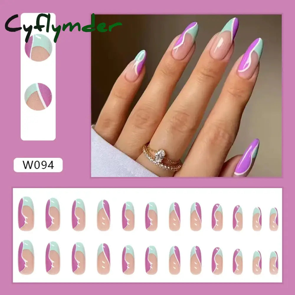 Cyflymder 24Pcs/Set Fake Nails With Glue Full Cover Nail Tips Press On Med Nails DIY Manicure Oval Head False Nails Pink Almond Artificial