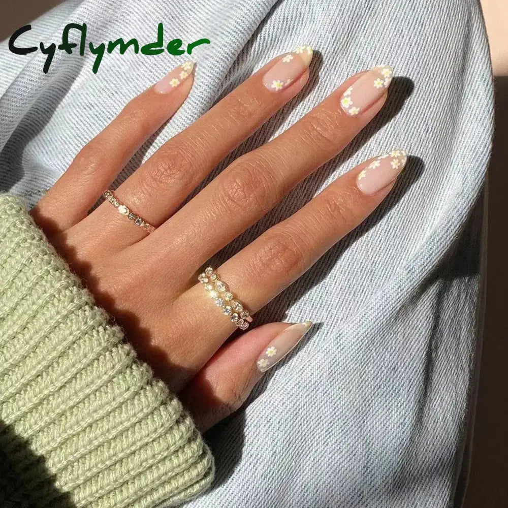 Cyflymder 24Pcs/Set Fake Nails With Glue Full Cover Nail Tips Press On Med Nails DIY Manicure Oval Head False Nails Pink Almond Artificial