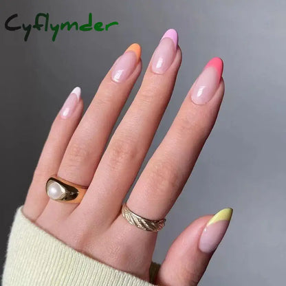 Cyflymder 24Pcs/Set Fake Nails With Glue Full Cover Nail Tips Press On Med Nails DIY Manicure Oval Head False Nails Pink Almond Artificial