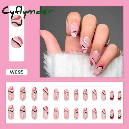 Cyflymder 24Pcs/Set Fake Nails With Glue Full Cover Nail Tips Press On Med Nails DIY Manicure Oval Head False Nails Pink Almond Artificial