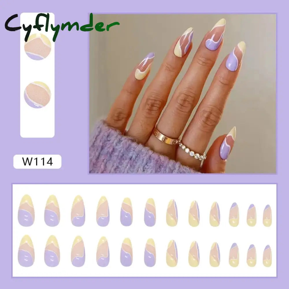 Cyflymder 24Pcs/Set Fake Nails With Glue Full Cover Nail Tips Press On Med Nails DIY Manicure Oval Head False Nails Pink Almond Artificial
