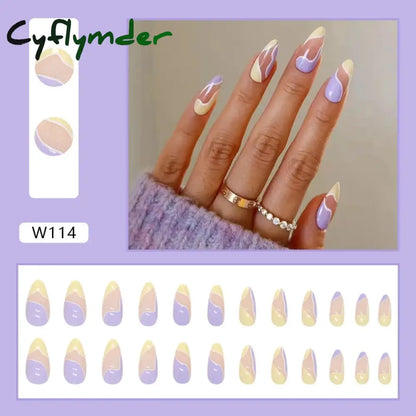 Cyflymder 24Pcs/Set Fake Nails With Glue Full Cover Nail Tips Press On Med Nails DIY Manicure Oval Head False Nails Pink Almond Artificial