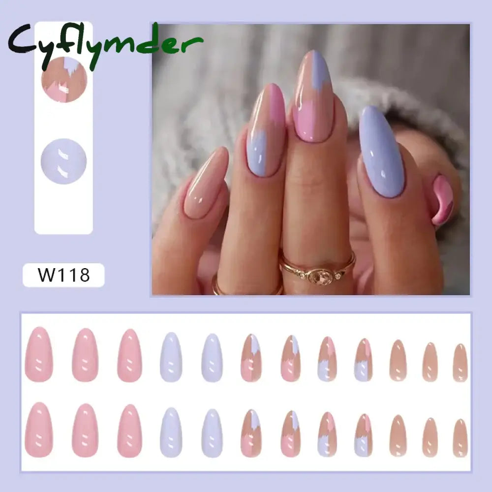 Cyflymder 24Pcs/Set Fake Nails With Glue Full Cover Nail Tips Press On Med Nails DIY Manicure Oval Head False Nails Pink Almond Artificial