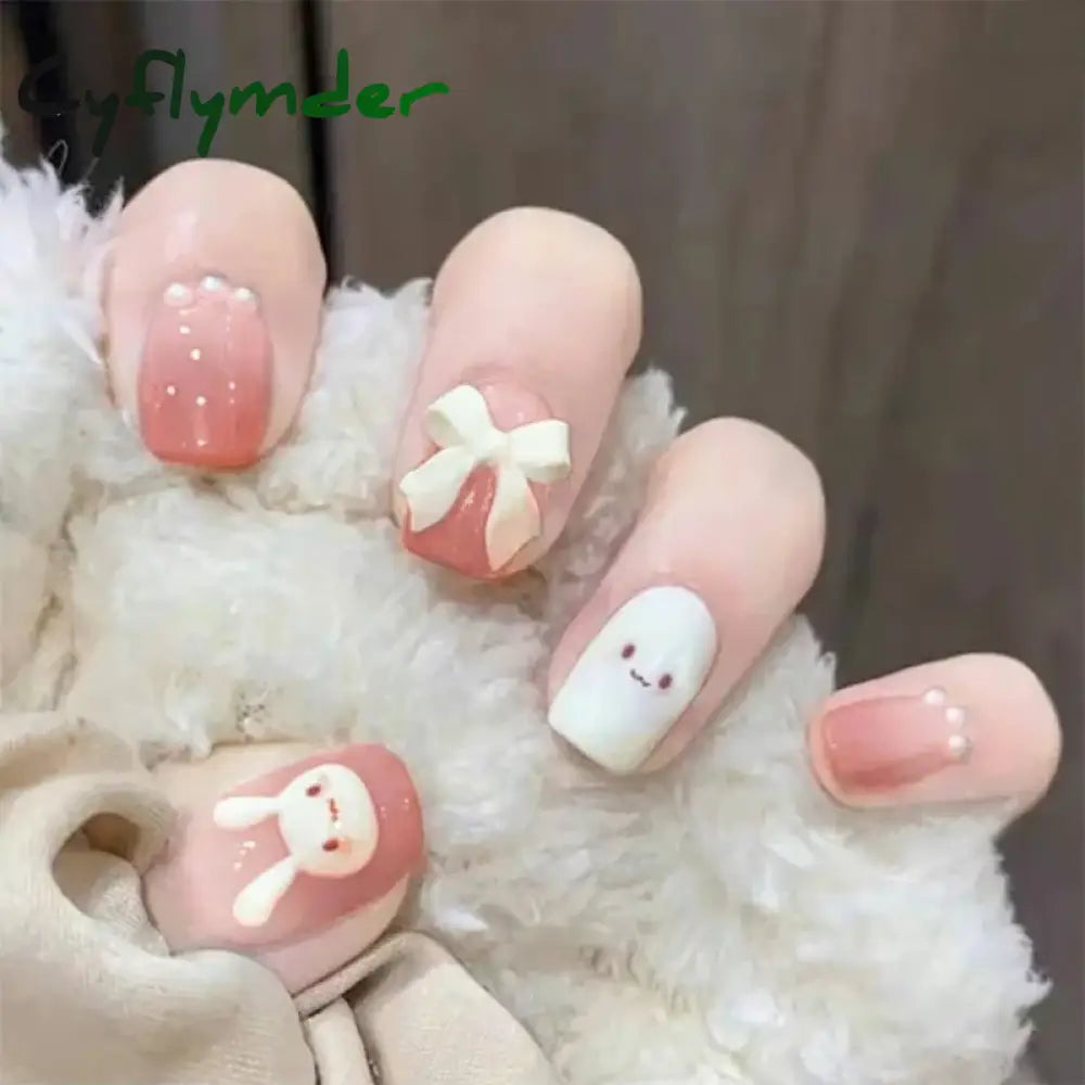 Cyflymder 24Pcs/Set False Nails Long Round Coffin Cute Kawaii Stick on Art Nail Ballerina Press on Nail Set  Seamless Removable Fake Nails