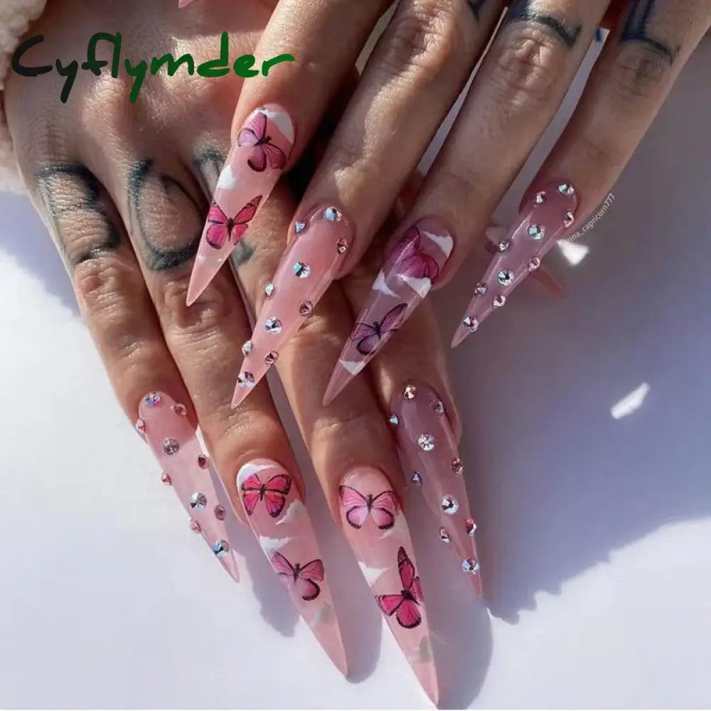 Cyflymder 24Pcs/Set False Nails Long Round Coffin Cute Kawaii Stick on Art Nail Ballerina Press on Nail Set  Seamless Removable Fake Nails