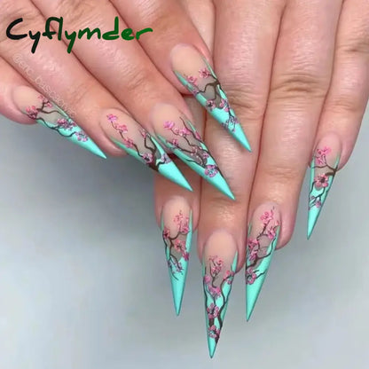 Cyflymder 24Pcs/Set False Nails Long Round Coffin Cute Kawaii Stick on Art Nail Ballerina Press on Nail Set  Seamless Removable Fake Nails