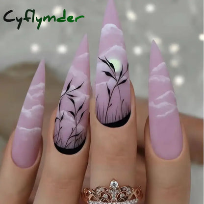 Cyflymder 24Pcs/Set False Nails Long Round Coffin Cute Kawaii Stick on Art Nail Ballerina Press on Nail Set  Seamless Removable Fake Nails