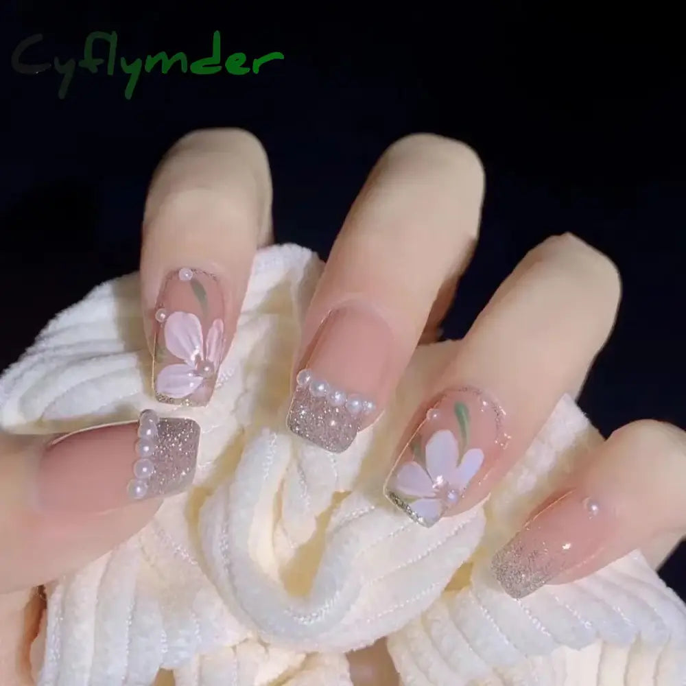 Cyflymder 24Pcs/Set False Nails Long Round Coffin Cute Kawaii Stick on Art Nail Ballerina Press on Nail Set  Seamless Removable Fake Nails
