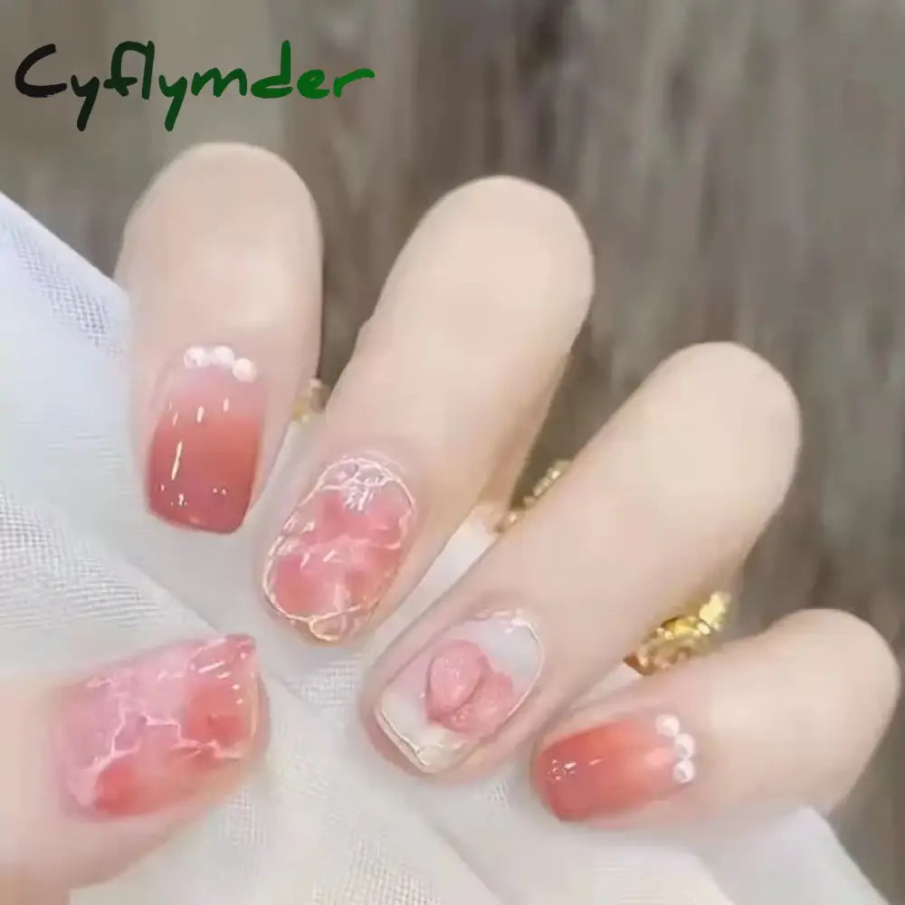 Cyflymder 24Pcs/Set False Nails Long Round Coffin Cute Kawaii Stick on Art Nail Ballerina Press on Nail Set  Seamless Removable Fake Nails
