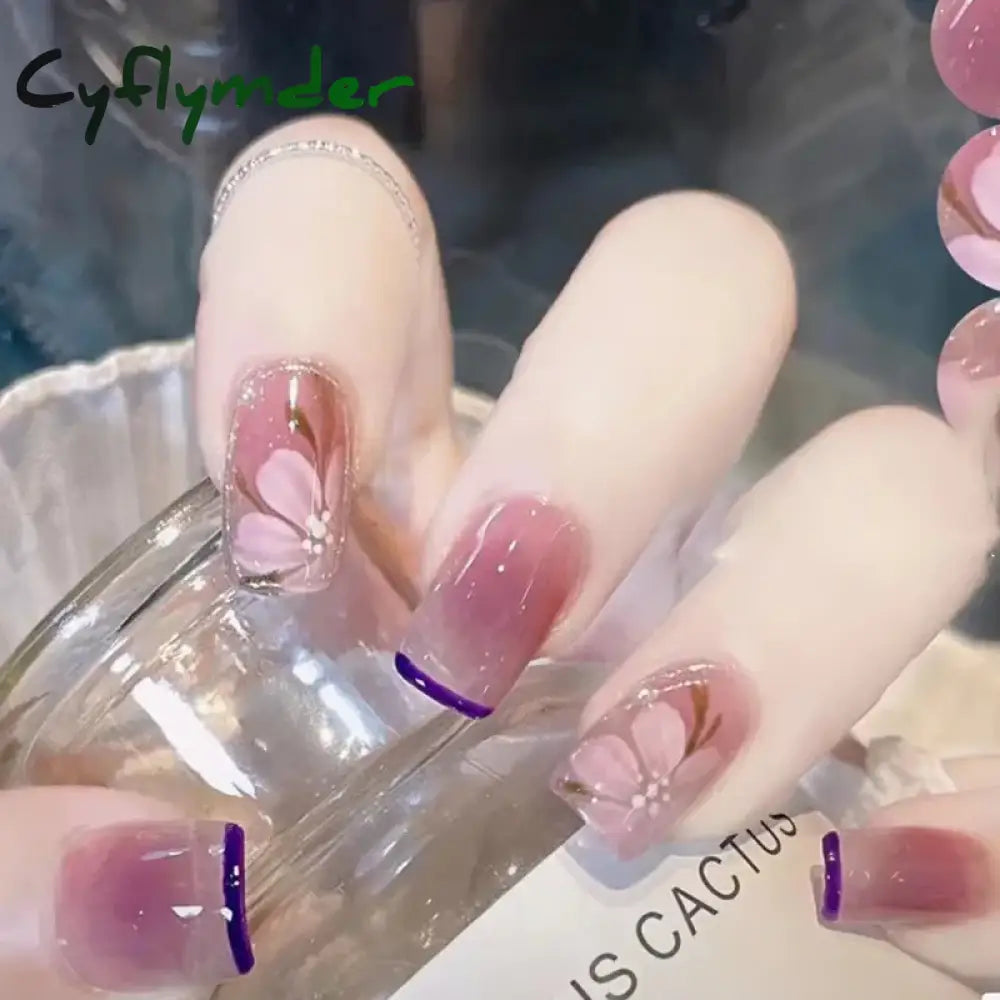 Cyflymder 24Pcs/Set False Nails Long Round Coffin Cute Kawaii Stick on Art Nail Ballerina Press on Nail Set  Seamless Removable Fake Nails