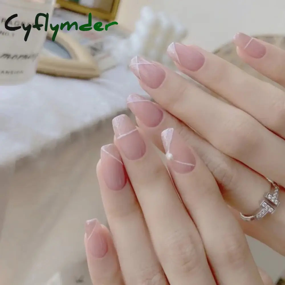 Cyflymder 24Pcs/Set False Nails Long Round Coffin Cute Kawaii Stick on Art Nail Ballerina Press on Nail Set  Seamless Removable Fake Nails
