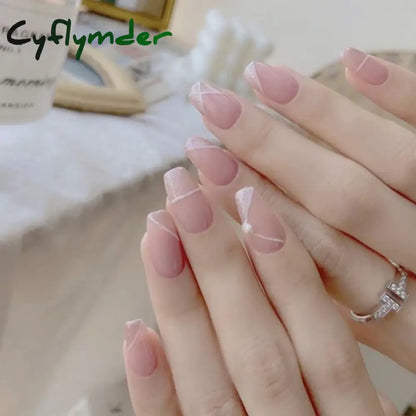 Cyflymder 24Pcs/Set False Nails Long Round Coffin Cute Kawaii Stick on Art Nail Ballerina Press on Nail Set  Seamless Removable Fake Nails